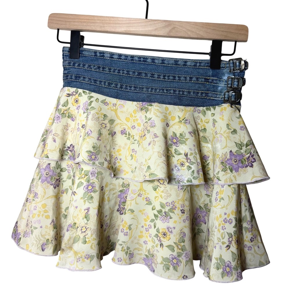 VTG Mary-Kate and Ashley Denim Ruffle Mini Skirt Yellow Floral y2K Skirt Size 10